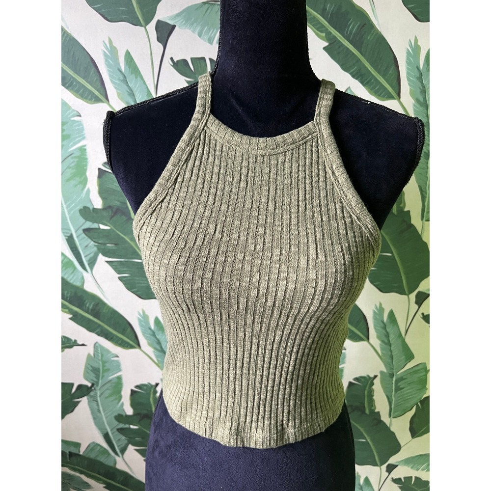 Forever 21 Ribbed Halter Tank Top Women Small Olive Green